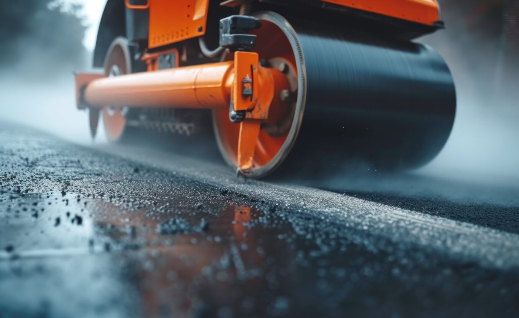 a pavement roller is working to resurface a road, in the style of misty atmosphere, dark silver and orange, uhd image, 1960s, auto body works, queencore, environmental --ar 128:79 --v 6 Job ID: 23c5e7dd-8252-4341-bd0b-667e03f6c07b